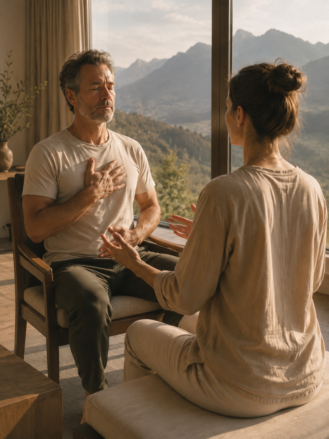 guided breathing session with a coach, mountains beyond the window