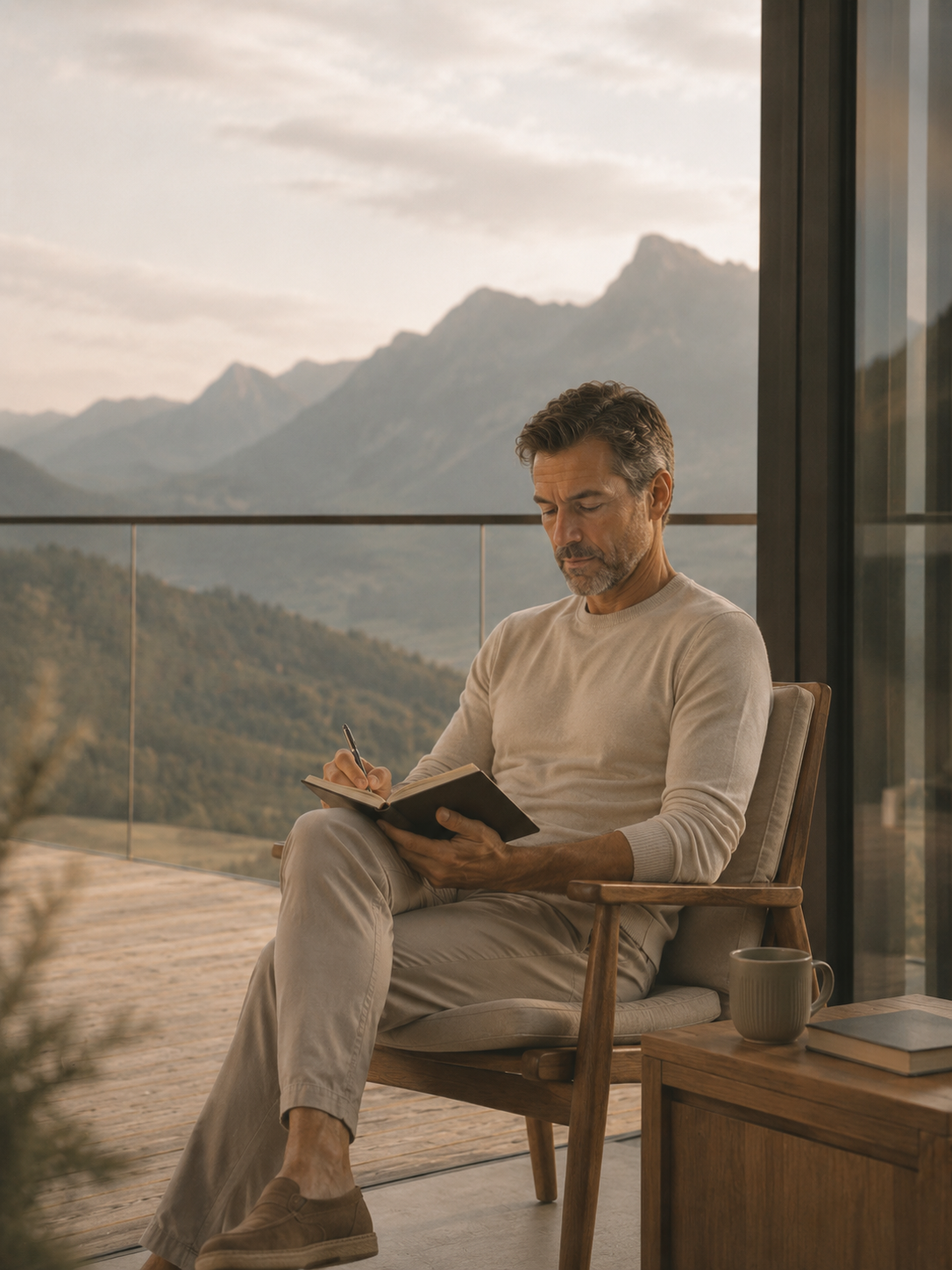guest journaling in a chair facing the alpine valley