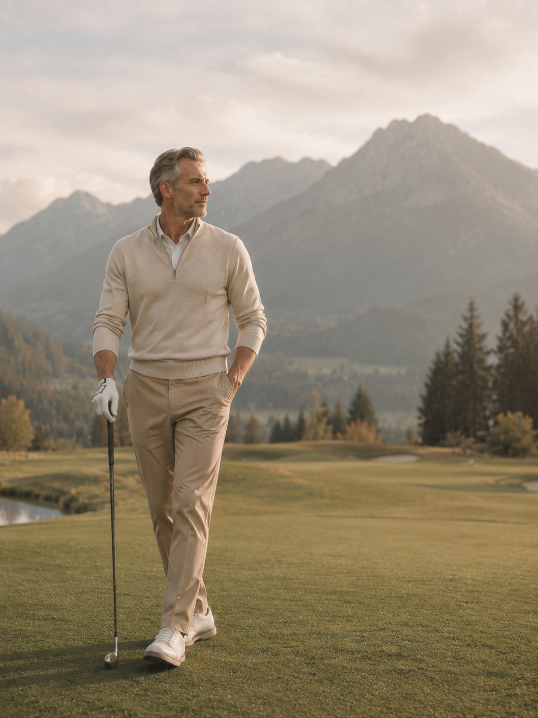 walking the golf course beneath the mountains at dawn