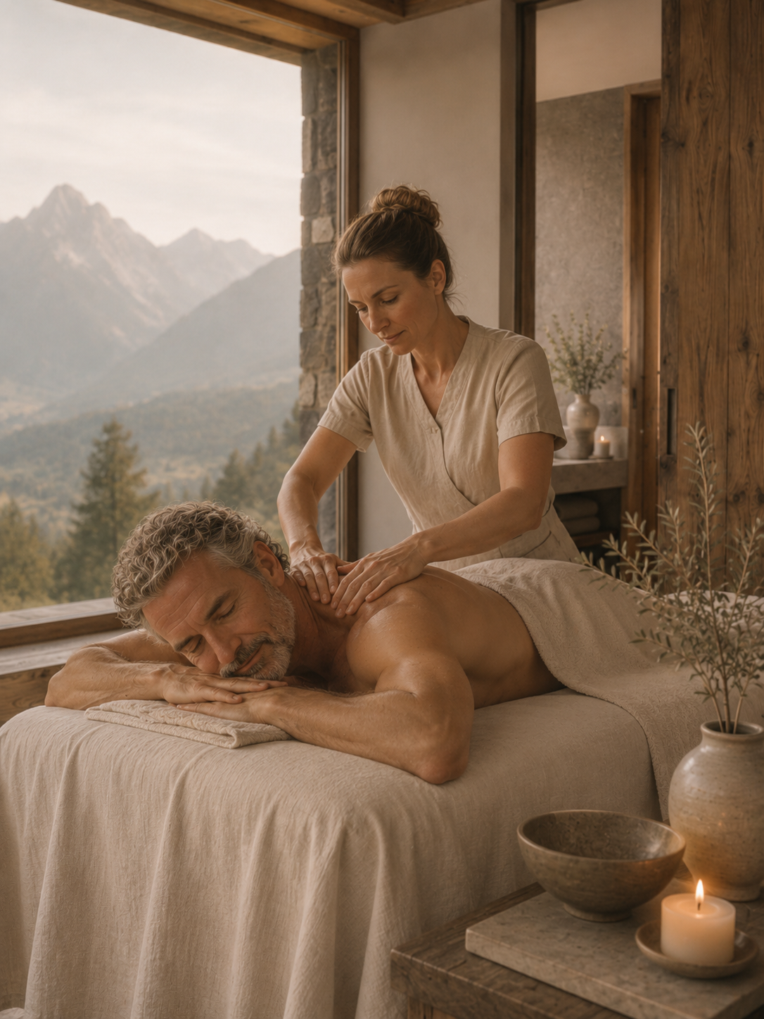 spa massage in a calm room with a mountain view