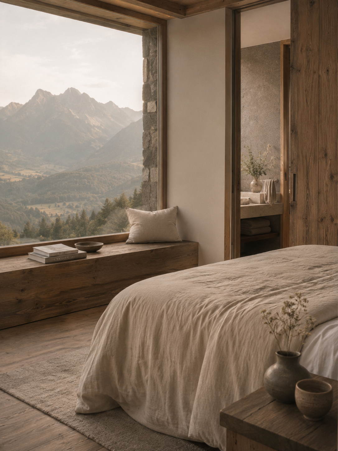 serene suite with linen bedding and an open mountain window
