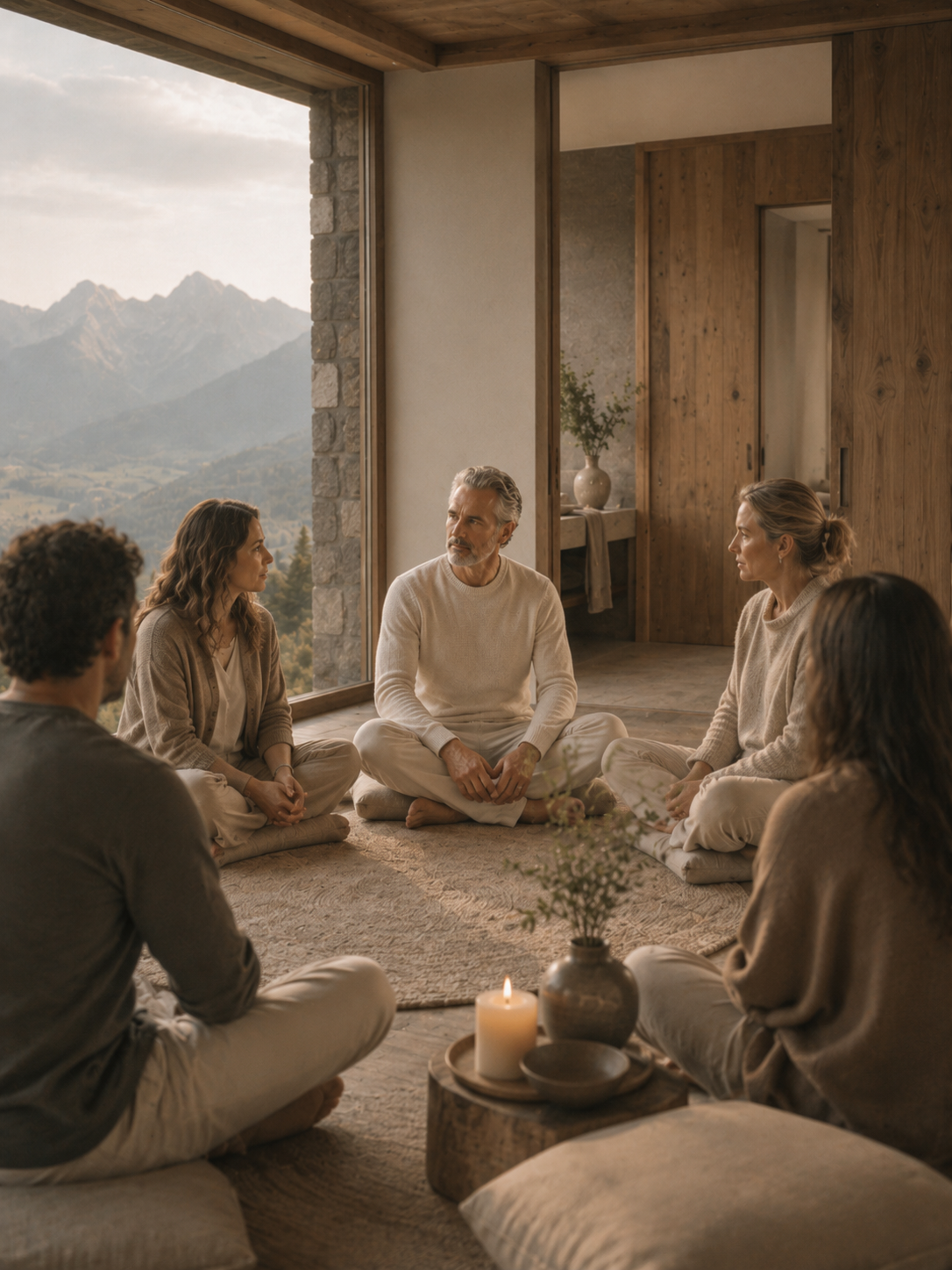 small group sharing in a circle on the floor by the window