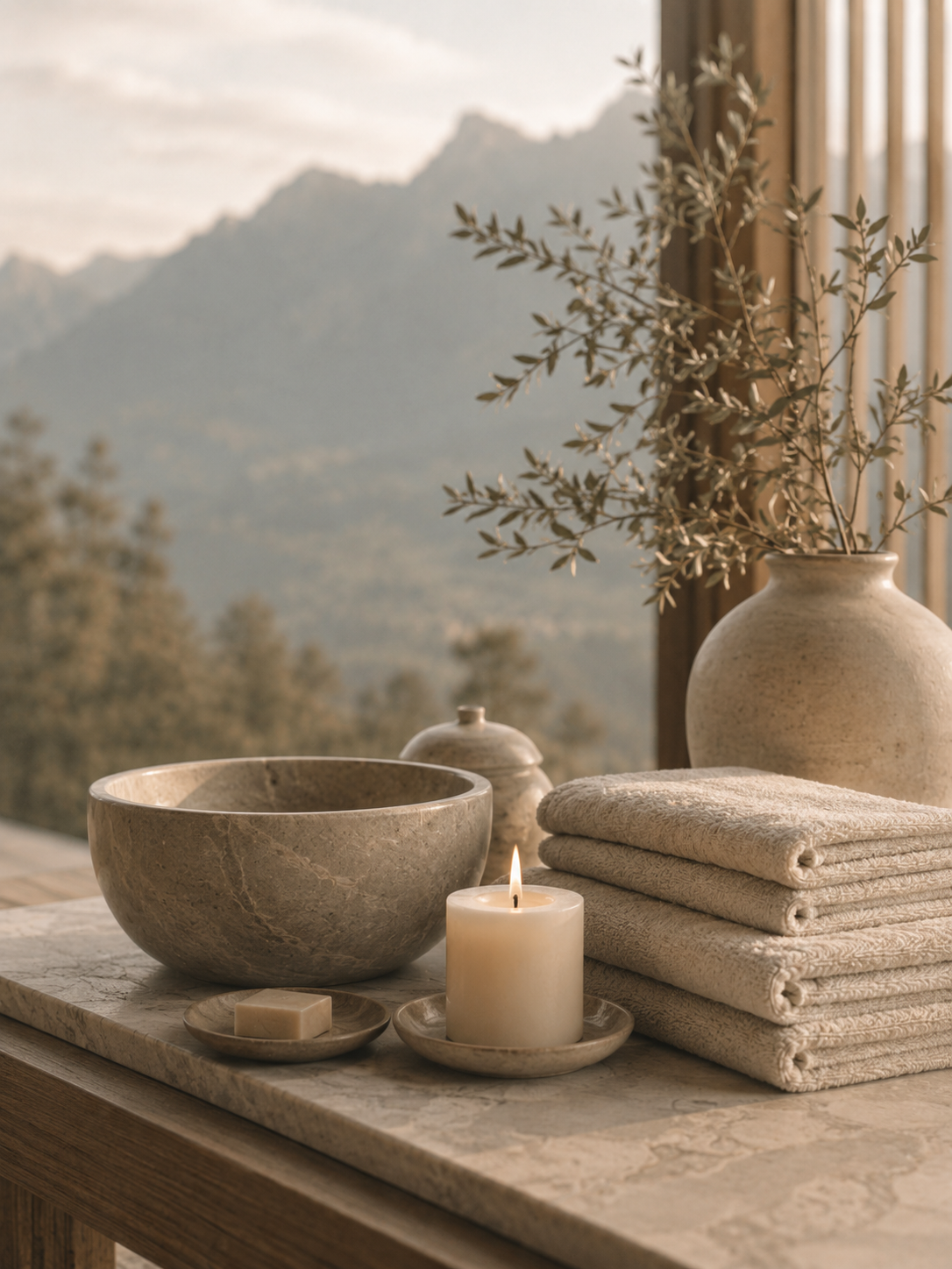 spa ritual still life with bowl, candle and linen towels